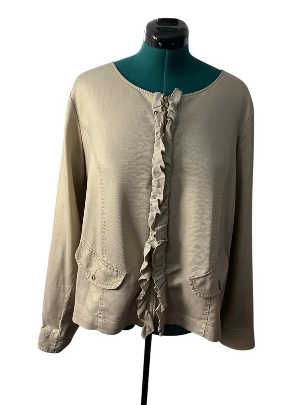 Lane Bryant Metallic Ruffle-Front Zip Jacket P:25” L:23”
